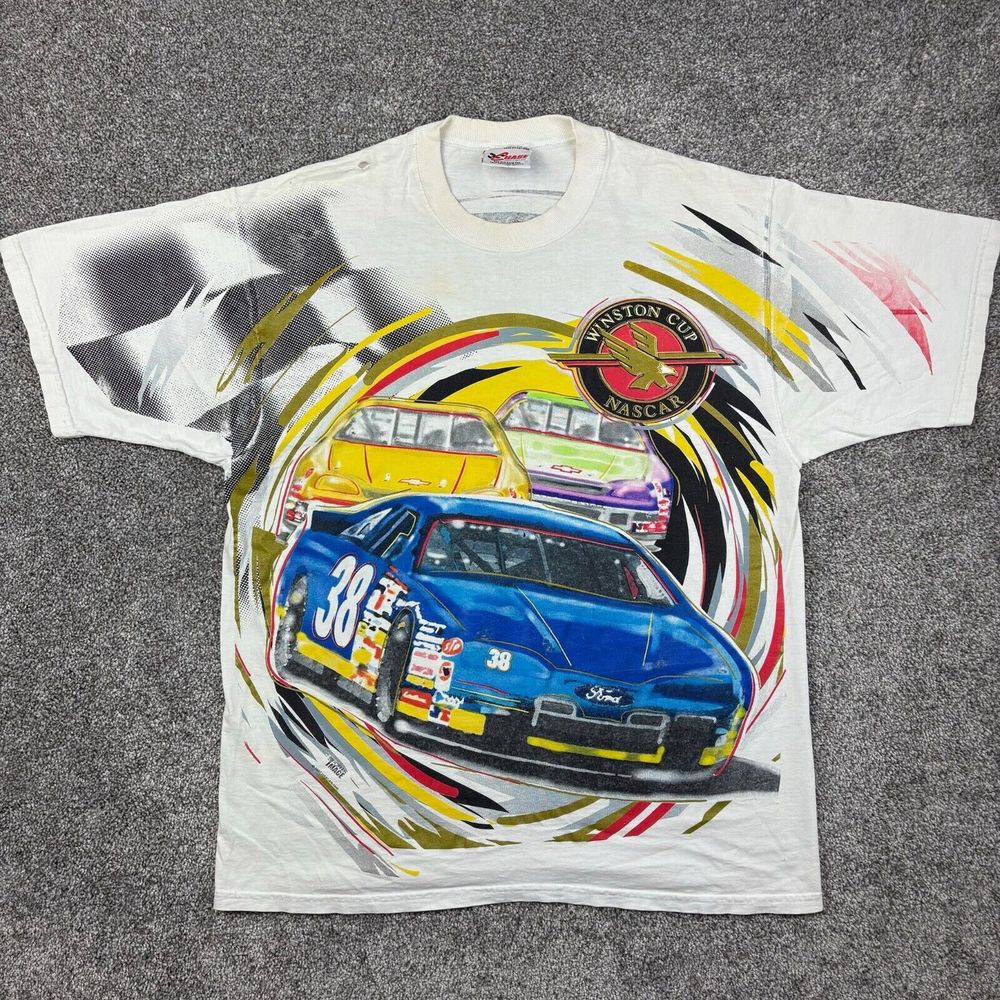 Vintage Nascar Shirt Mens Large White Winston Cup All Over Print Racing Chase
